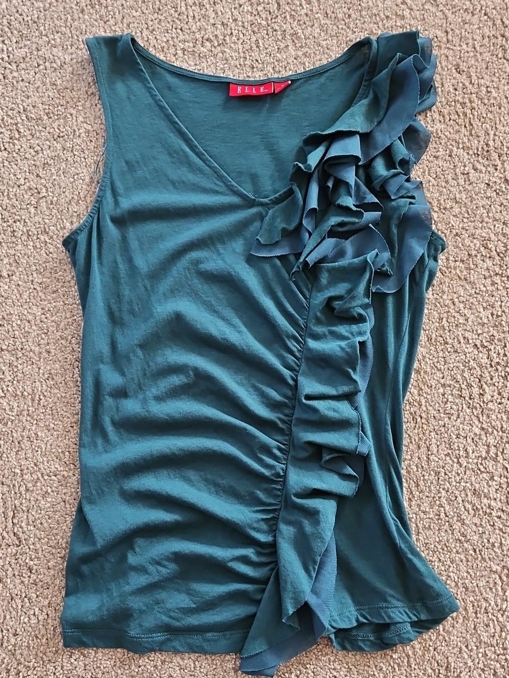 Elle Cascading Ruffle Dark Green Vneck Sleeveless Top Size Small